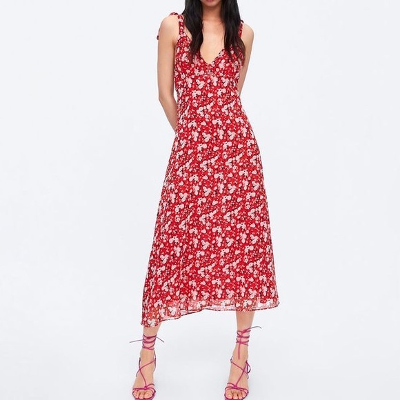 Zara Dresses & Skirts - NWOT Zara Red Floral Midi Dress Tie Straps - Sz Sm